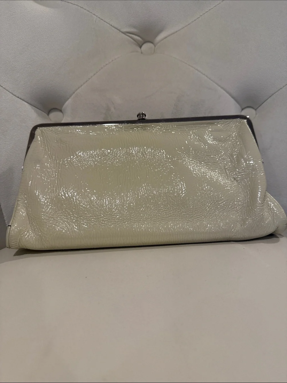 Elegant HONO Cream Patent Frame Clutch